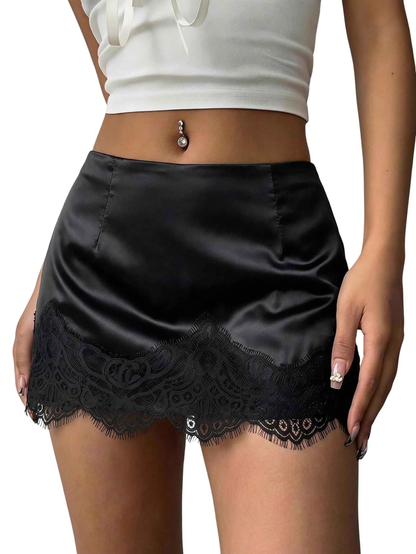 Floerns Women's Sexy Lace Satin Low Rise Patchwork Night Out Mini Skirt Satin, Lace Trim, A Line, Low Rise, Short Underskirt, Streetwear, Rave Club Concert Outfits