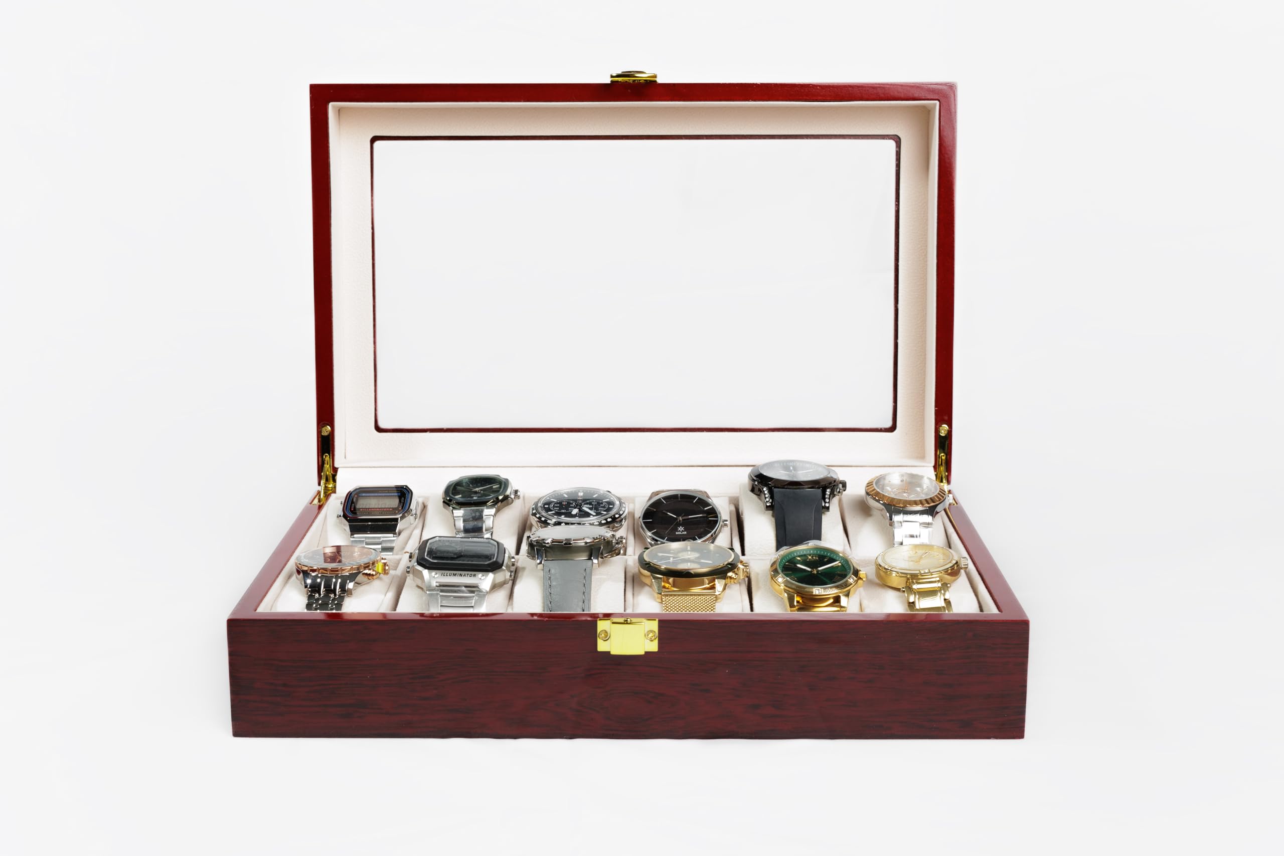 Caja Organizadora para Relojes de Madera Roja con Tapa de Cristal Templado, 12 Compartimentos con Interior de Ante Sintético, Incluye Gamuza Limpiadora. Ideal Para Regalo