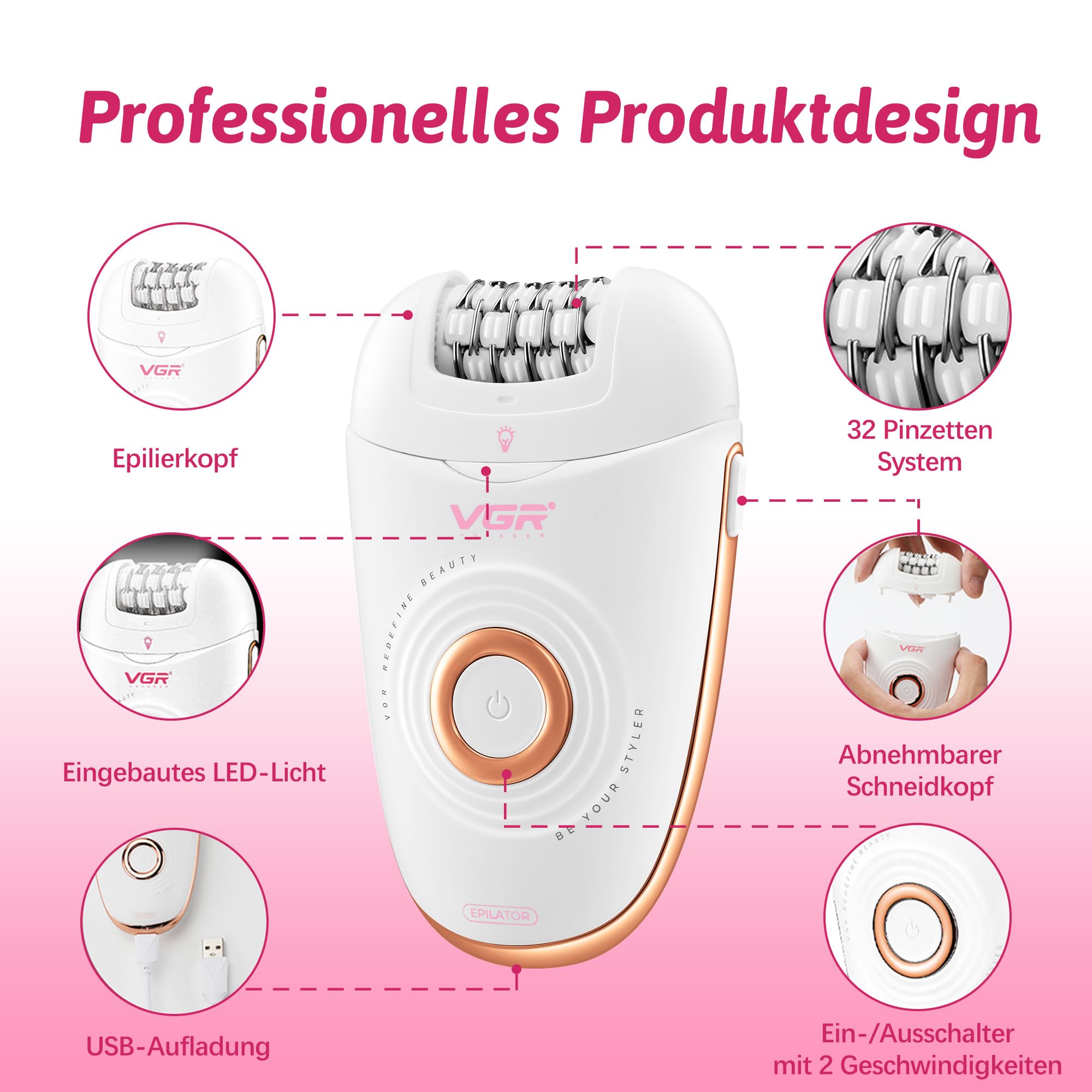 VGR 739 Kabelloser 3-in-1 Epilierer Damen Mit IPX4-Wasserbeständigkeit