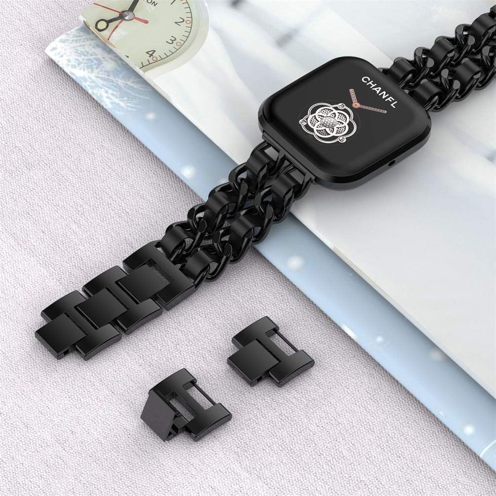 Wearlizer Chain Bands Compatible with Fitbit Versa 2/Fitbit Versa/Versa Lite Bands for Women Girl,Metal Chain interlaced with Leather Strap Bracelet for fitbit versa dressy bands(Black)
