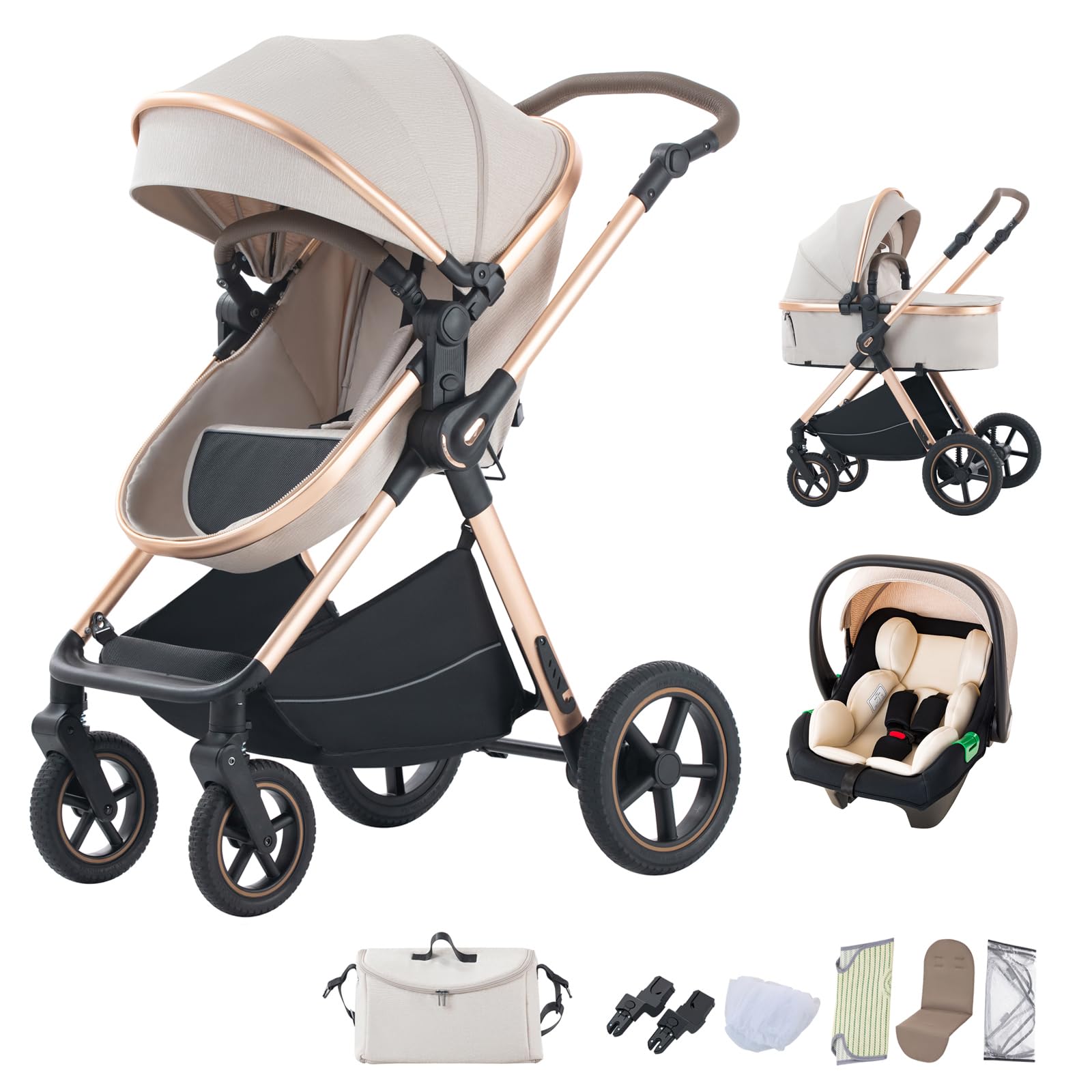 BEBBY Poussette 3 en 1 Poussettes Combinée Portable Pliant en Un,Poussettes Citadines Avec Siège,Paysage Haut Cadre en Aluminium Pour Nouveau-né (D2-RICEWHITE, H2-D)