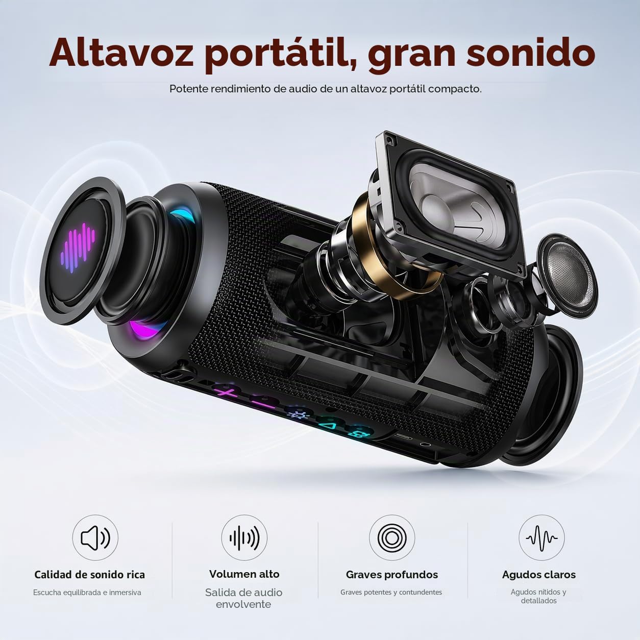 TIMU Altavoz Bluetooth 5.4 Potente, 25W Altavoces Bluetooth con 2 Modos EQ, Correa de Transporte, Compatible con PC, 8 Modos RGB, 24H de Reproducción, Emparejamiento TWS, IPX7, Micro SD y AUX