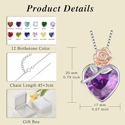 Miniatura 6 de Love Heart Birthstone Necklace for Women 925 Sterling Silver Rose Flower Necklace Dainty Jewelry Gifts for Women Wife Girlfriend Mother Daughter Her