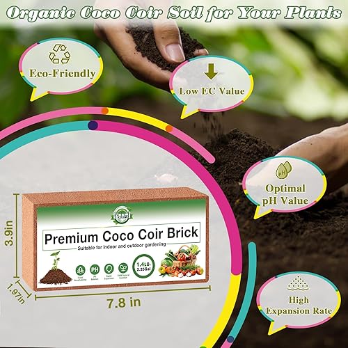Miniatura 2 de Halatool 10 piezas de ladrillo de coco orgánico, ladrillos de coco comprimido, tierra nutritiva para macetas con bajo equilibrio de EC y pH, Paquete