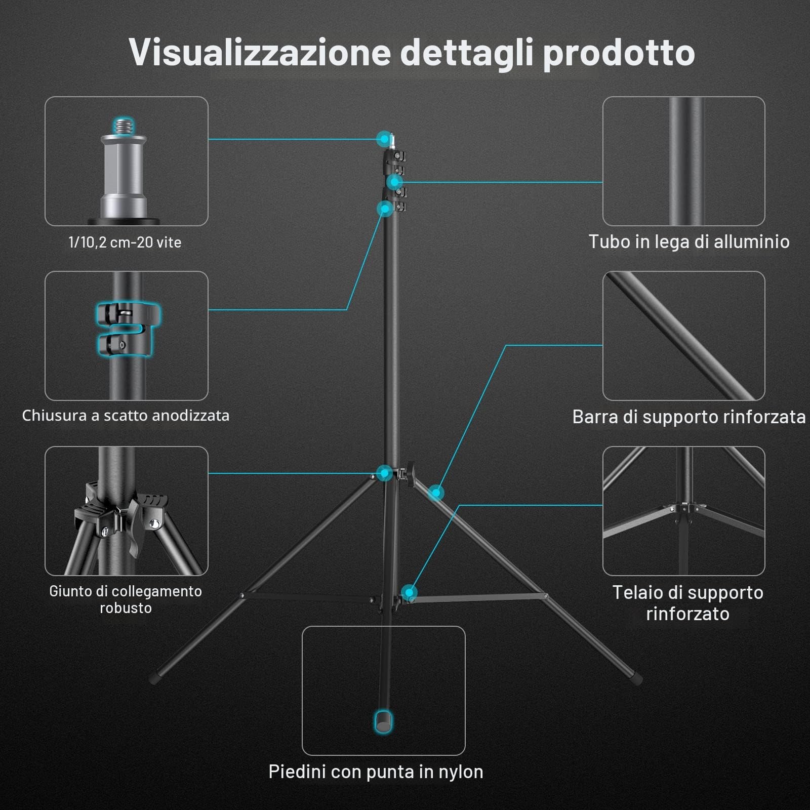 SMALLRIG Supporto per Luce in Alluminio 110"/280 cm, Supporto per Treppiede Regolabile ad Aria con Vite da 1/4" per Softbox, Luce da Studio e Riflettore, Carico Massimo 5kg, RA-S280A - 3737