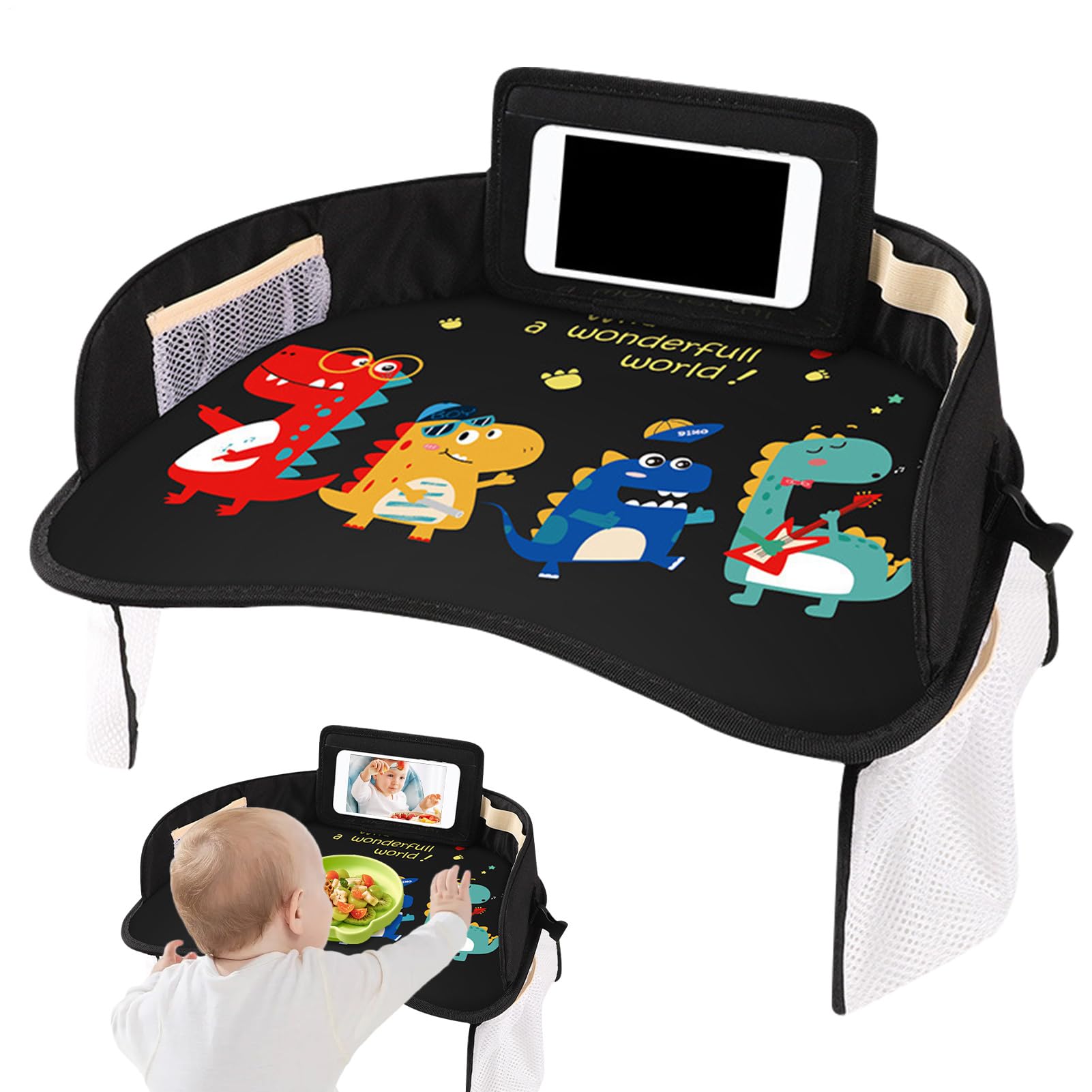 Bandeja de viaje para niños: mesa de actividades impermeable para asiento de coche, escritorio portátil con espacio para guardar juguetes | Soporte para refrigerios, superficie de dibujo para niños pe