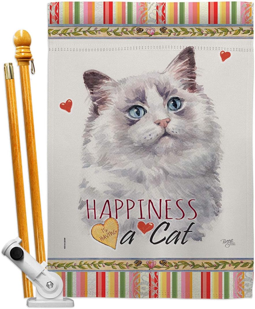 Bicolor Ragdoll Happiness House Flag Animals Cat Kitten Meow Spoiled Paw Fur Pet Nature Farm Animal Creature Small Decorative Gift Yard Banner Made In USA 28 X 40
