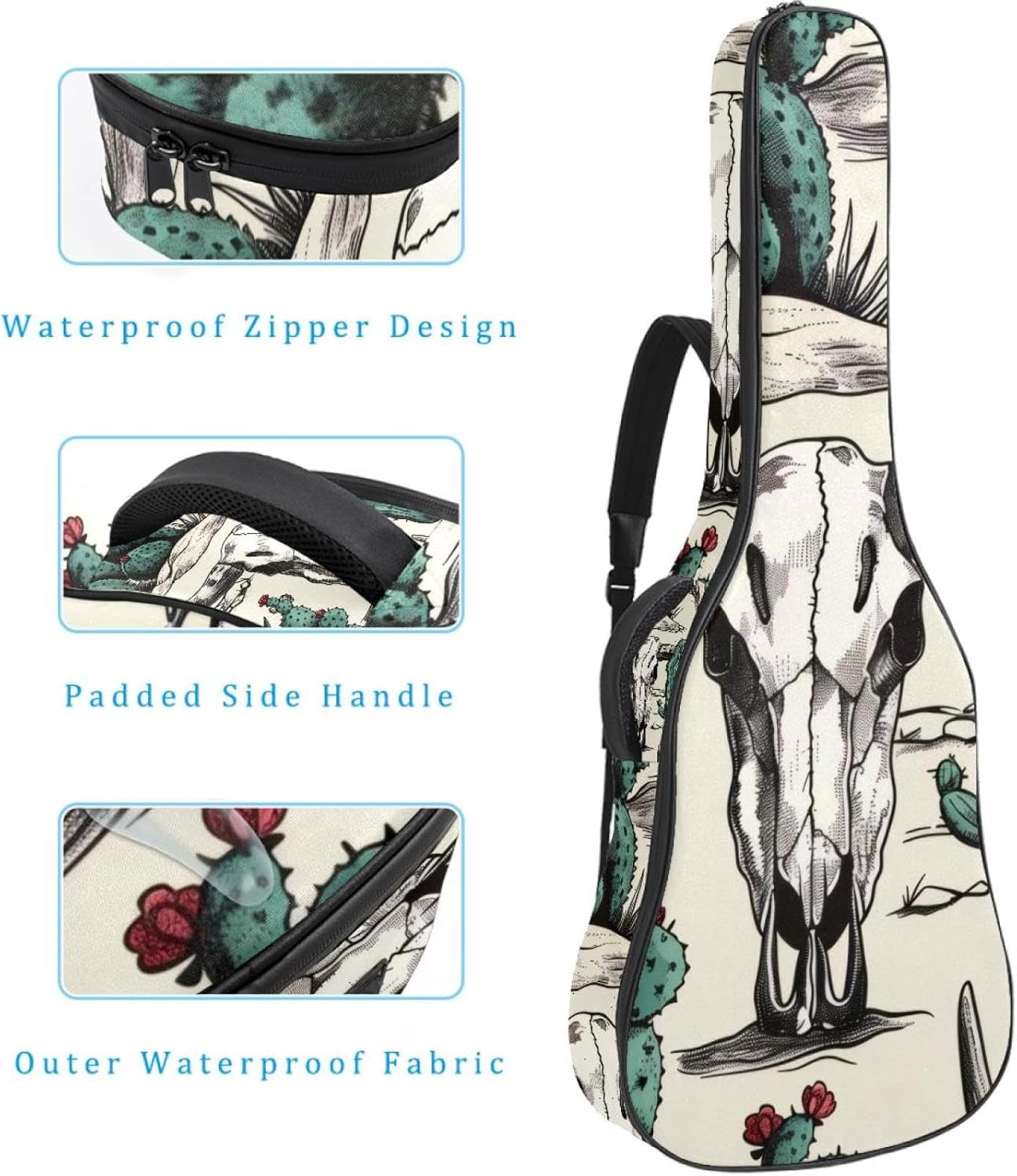 Acoustic Guitar Bag, 40 41 42 Inch Guitar Case Cover Soft Guitar Gig Bag for Acoustic Electric Bass Classical Guitar, Beautiful Cactus and Skull of Bull