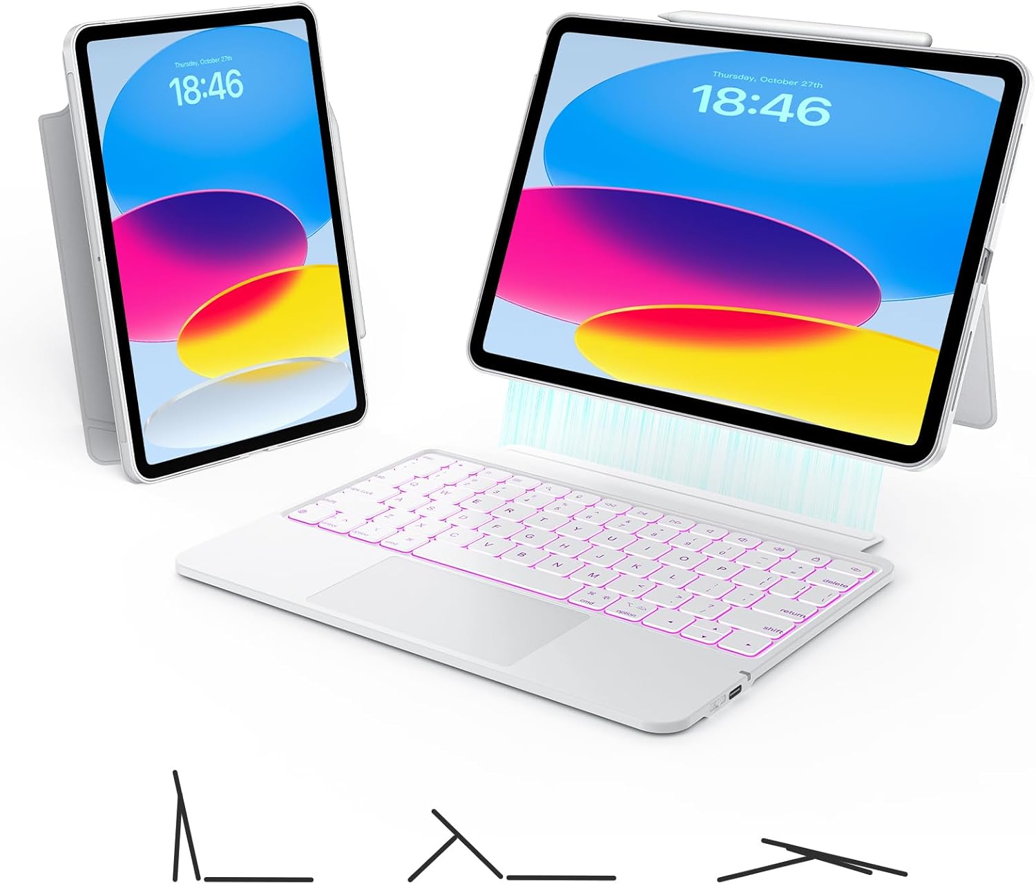 iPad 11th (A16) 2025/10th Gen Keyboard Case, 7 Colors Backlit Wireless Ultra-Light Magnetic Detachable Keyboard Case with Kickstand,Portrait/Landscape Modes,Five-Point Trackpad, White