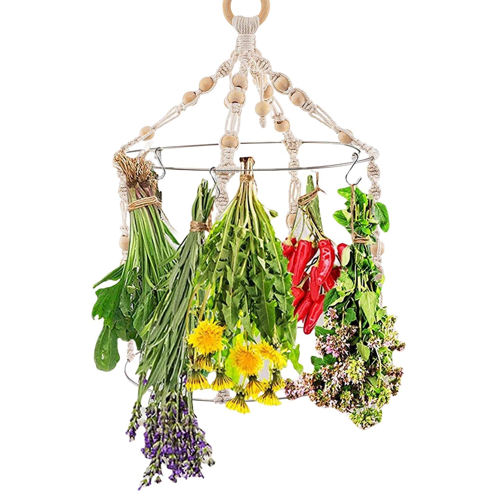Dreuhuing Herb Drying Rack, 2 Tiers Macrame Flower Drying Rack With 15 Hooks, Rustic Style Herb Dryer Hanging Rack, For Plants Flowers Spices