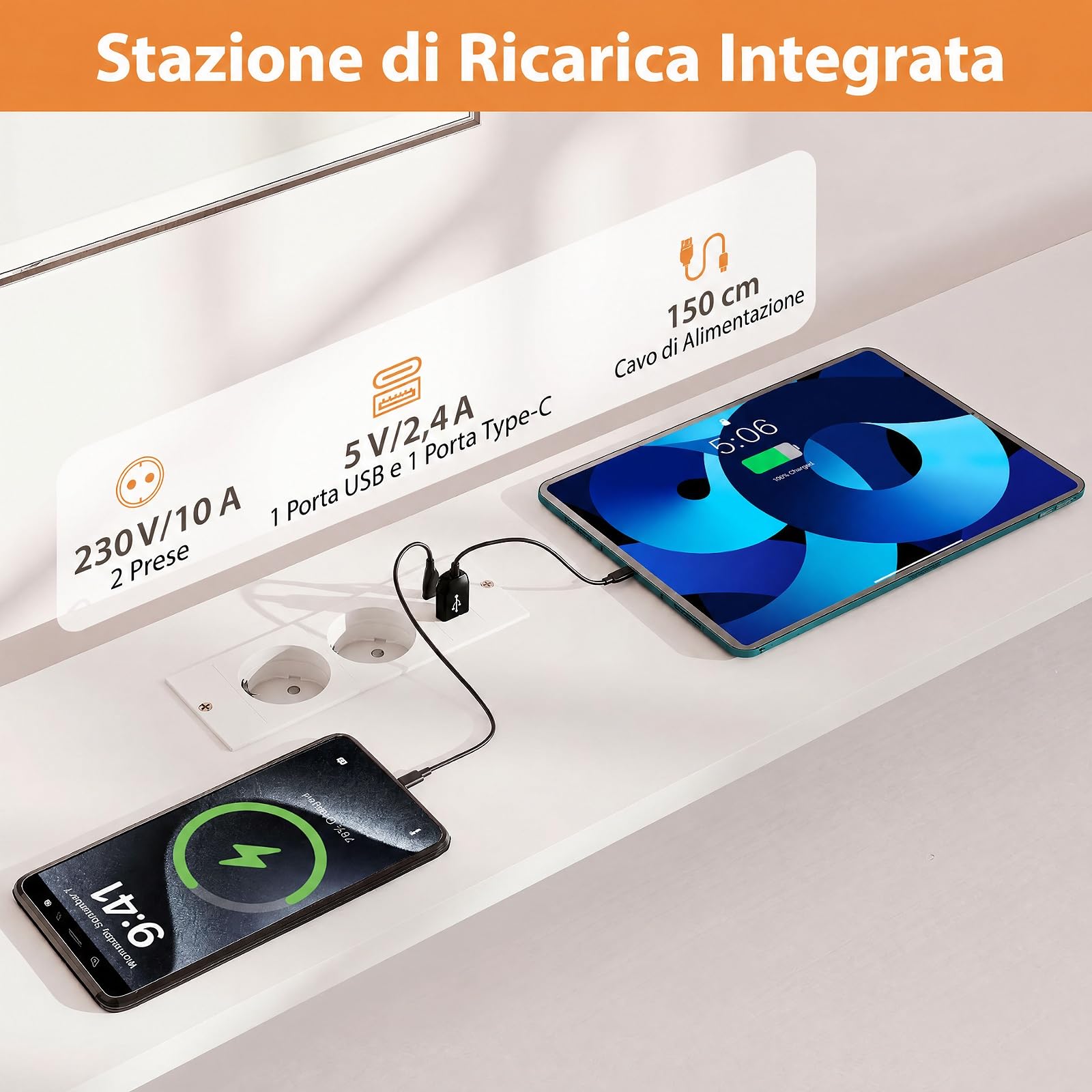 COSTWAY Scrivania Gaming Salvaspazio con Stazione di Ricarica (Bianco) | Scrivania con Ampio Piano, Cassetto con Ruote, Supporti per PC, Monitor e Stampante, per Ufficio e Casa
