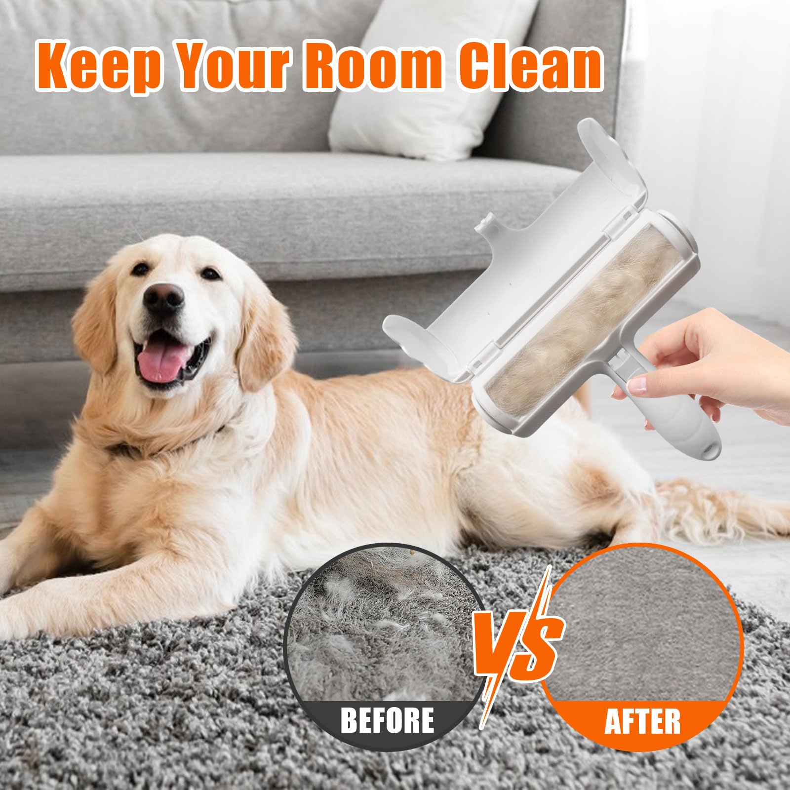 Rodillo removedor de pelo de mascotas para mascotas, herramienta de depilación de gatos, rodillo de pelusa reutilizable para muebles, sofá, alfombra, ropa y ropa de cama, blanco y gris