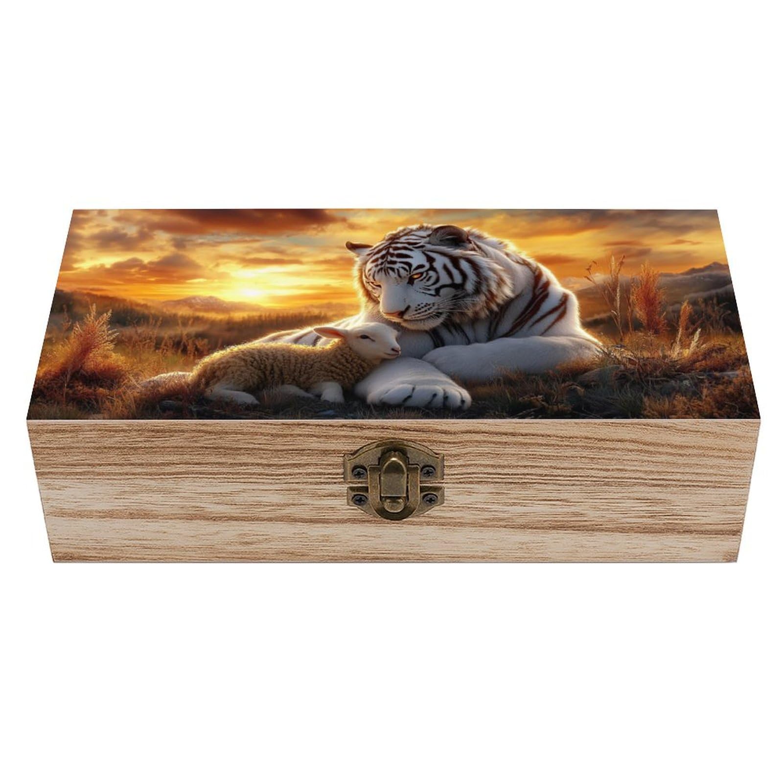 Ahdyr Tiger And Lamb at Sunset Wooden Storage Box with Hinged Lid And Front Clasp Large Keepsake Box