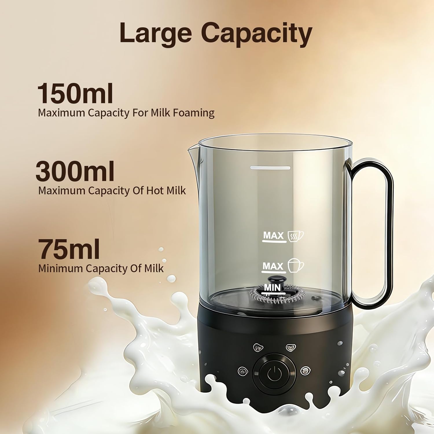 Milk Frother, 4-in-1 Electric Milk Steamer(10oz/300ml)，Automatic Hot and Cold Foam Maker for Iced Coffee, Lattes, Cappuccinos & Macchiatos, Non-Stick Interior, Black.