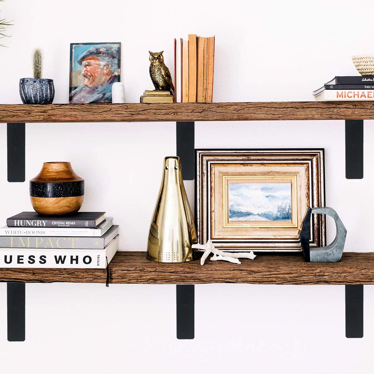 New Deal Black Shelf Brackets 12 Inch Heavy Duty Metal Shelf Supports Holders, Rustic Decorative Iron L Angle Brackets for Shelves Wall Mounted (6 Pack)