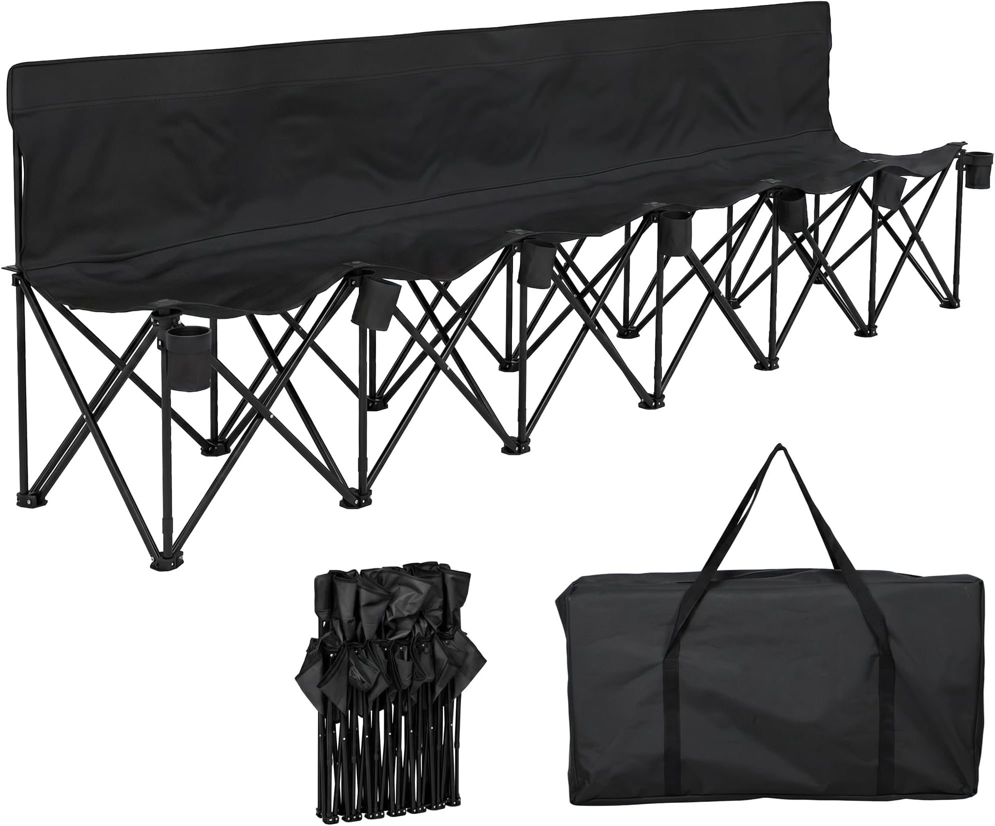 Outsunny 6 Seater Folding Bench Portable Chair Metal Frame Cup Holder Black