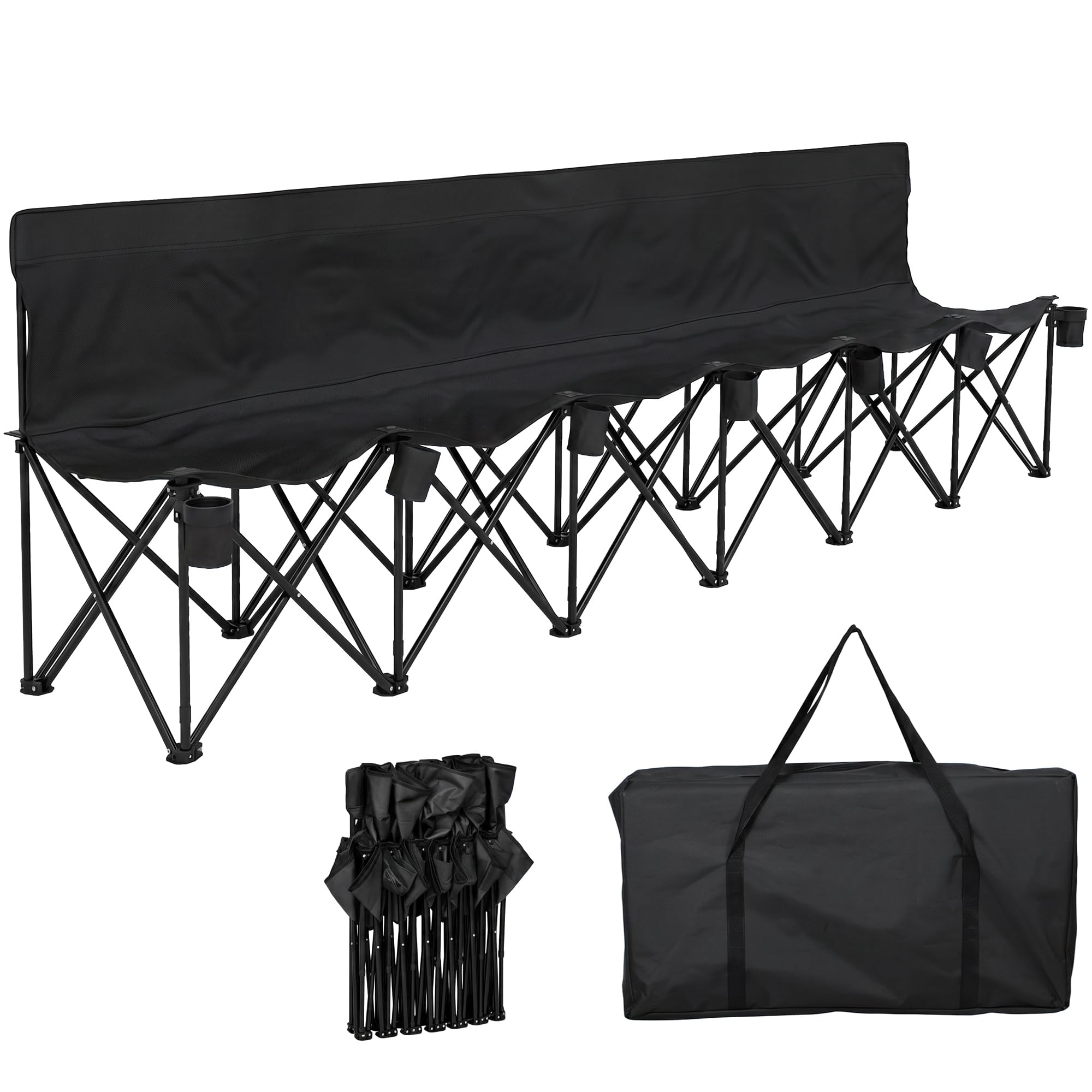 Outsunny 6 Seater Folding Bench Portable Chair Metal Frame Cup Holder Black