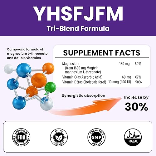 Miniatura 2 de L-treonato de magnesio de 2000 mg con vitamina C y cápsulas vegetarianas D3-120 (suministro de 2 meses) - Complejo de alta absorción - Sin OMG, sin
