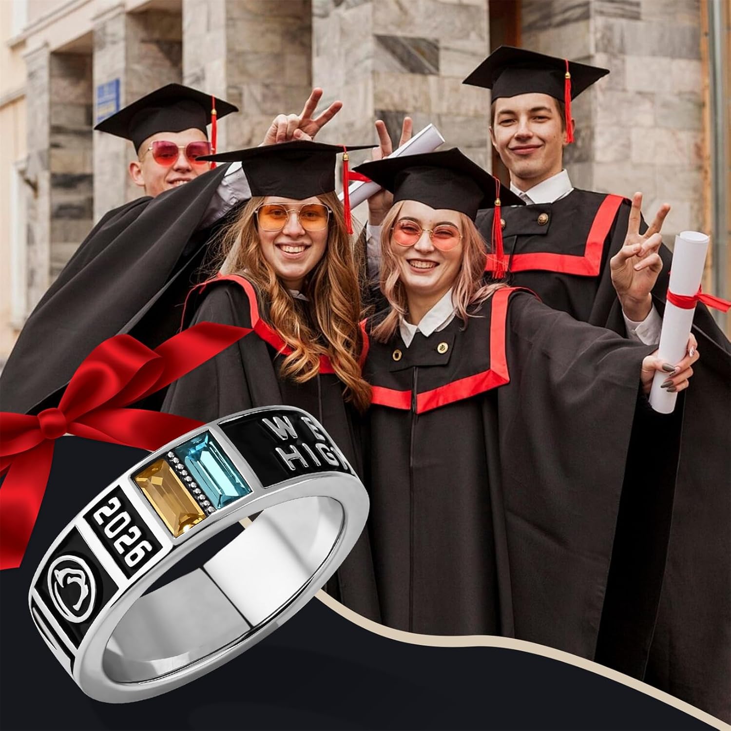 BABOOM Custom Class Ring Personalized Sterling Silver Graduation Ring Class of 2026 High School College University Customized Logo Symbol & Birthstone Championship Ring Graduation Gifts for Women Men