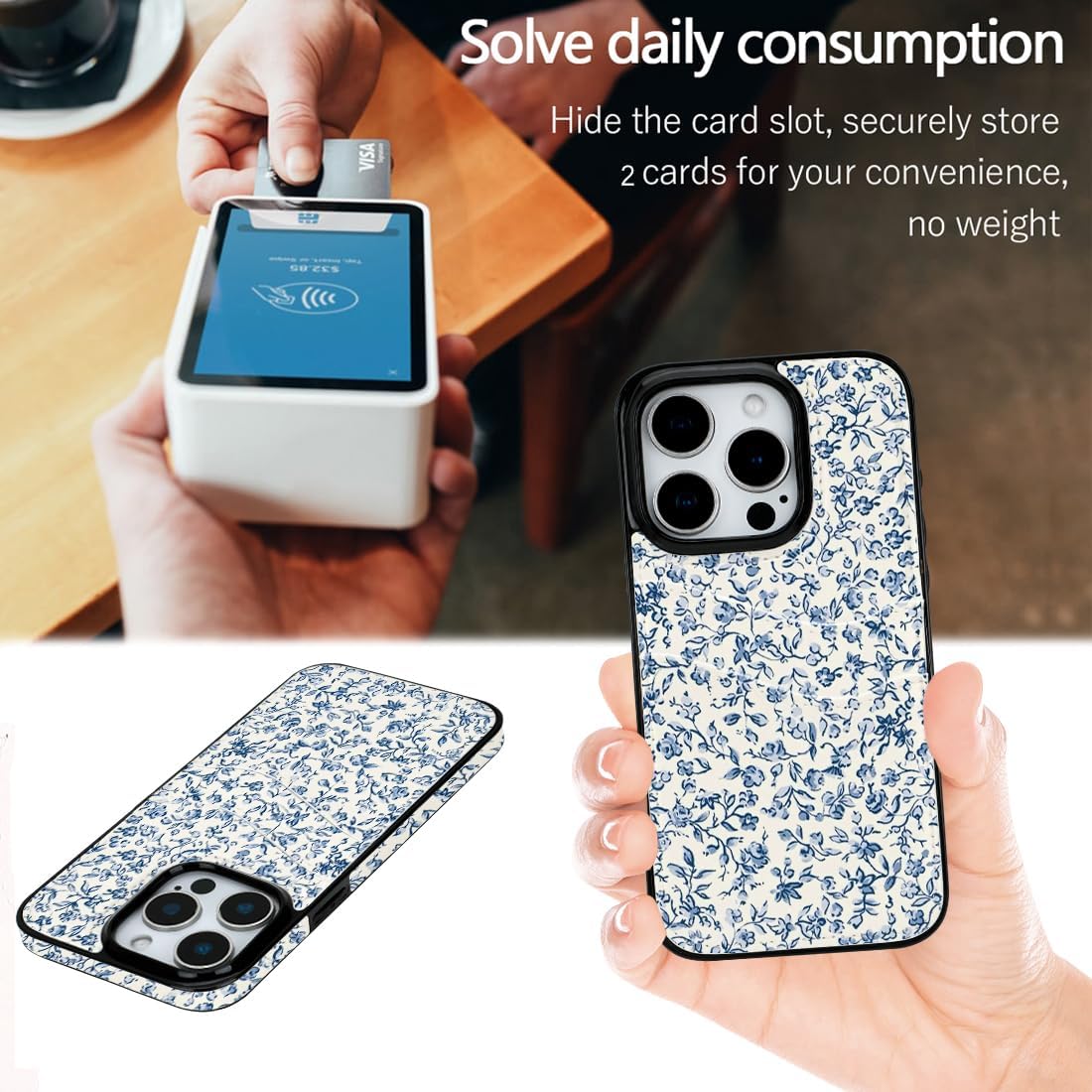 for iPhone 16 Pro 6.1 inch Case with Card Holder Soft Cute Leather Wallet Case Protective Shockproof Hard Cover for Women Girls (Blue Floral, iPhone 16 Pro 6.3 inch) - Image 6