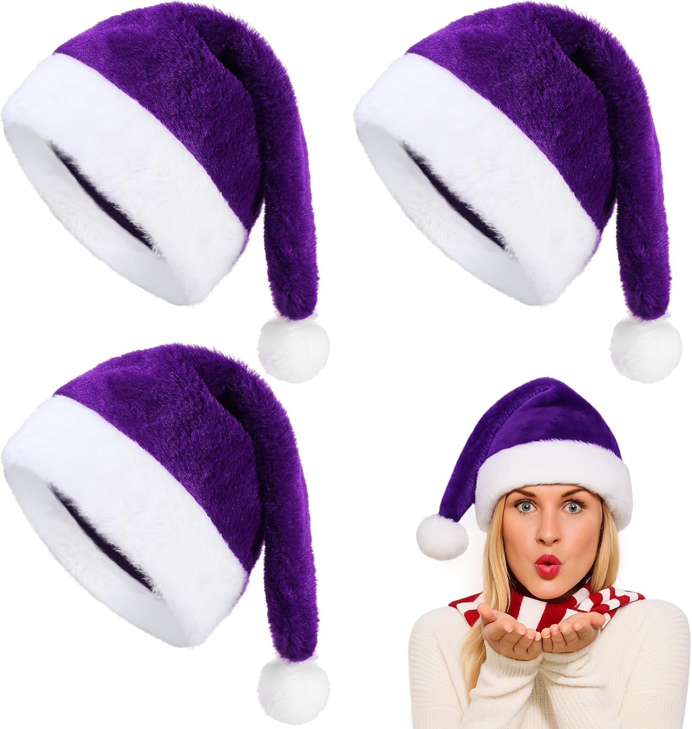 Geyoga 3 Pcs Christmas Santa Claus Velvet Hat - Extra Thicken Unisex Xmas Hat for Adults New Year
