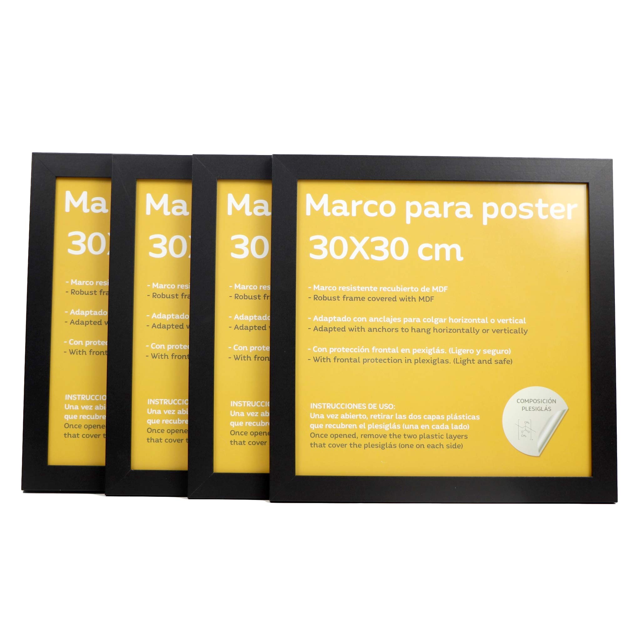 Nacnic Set di 4 cornici nere per foto 30x30cm. MDF e plexiglas di alta qualità. Set di cornici quadrate da appendere. Decorazione con poster, stampe, diplomi, pinacoteche e cornici da regalo.
