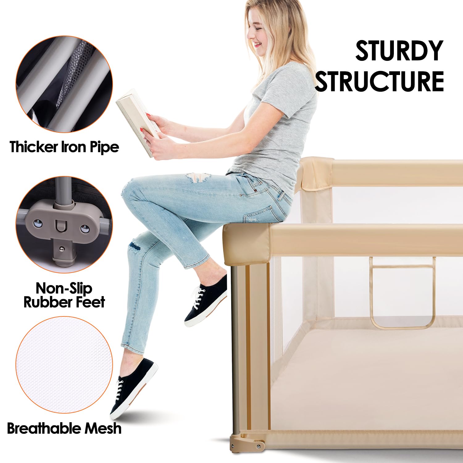 Parc pliable pour bébés et tout-petits, extra large avec portail, centre d'activités pour bébé avec clôture, parc de jeu de voyage (kaki 150 cm x 180 cm)