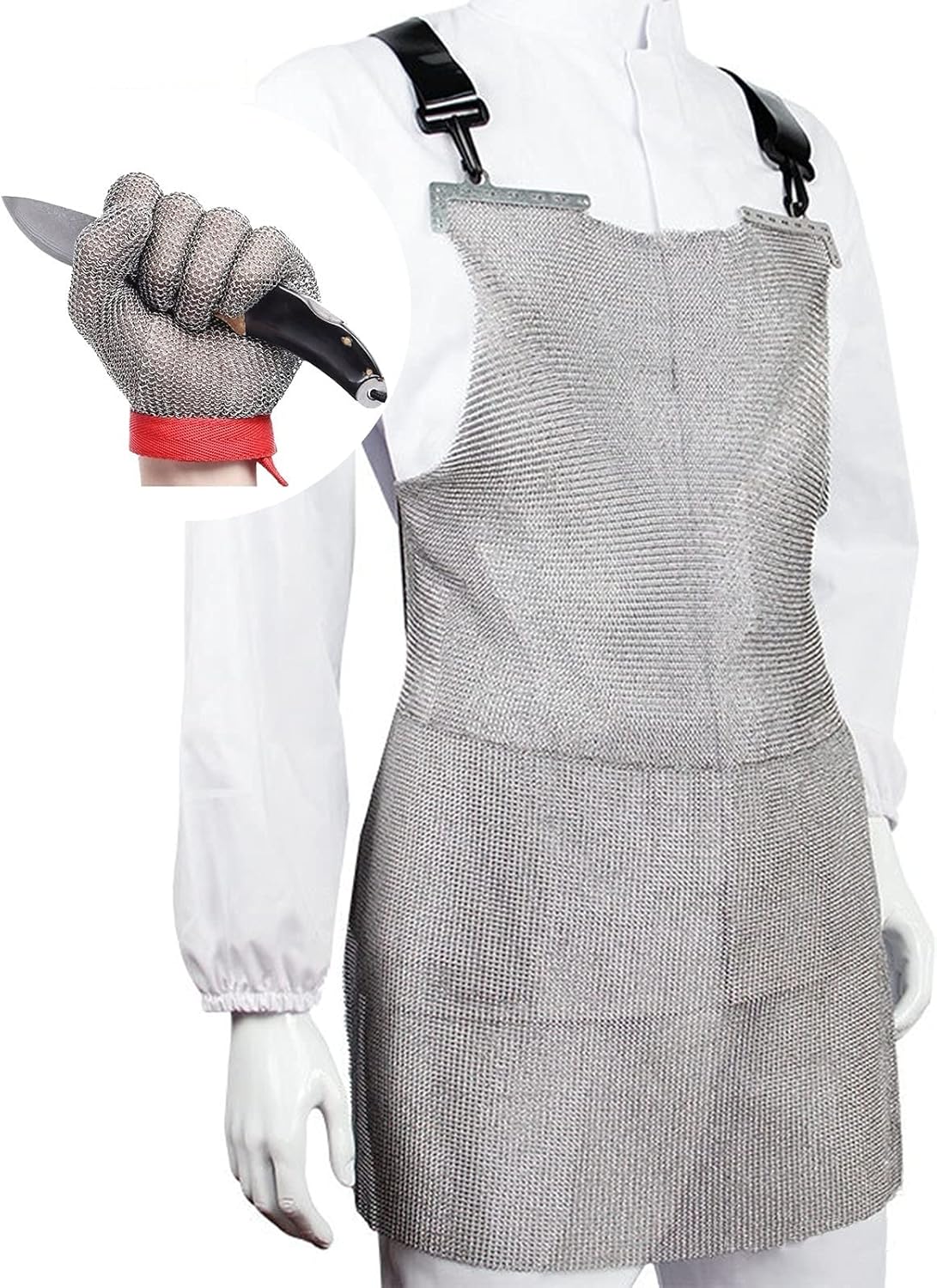 Cut-Resistant Apron with Wire Gloves, Butcher Safety Work Gloves, Adjustable Shoulder Straps (Color : Gloves-XXS, Size : 55x60cm)