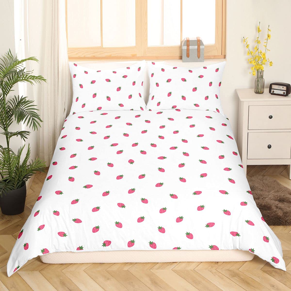 Loussiesd Dziewczyny kawaii truskawkowa poszwa na kołdrę niemowlę dziewczynka różowy zestaw pościeli urocza truskawka owocowa pościel i len dla kobiet nastolatków urocza biała pościel i len podwójny rozmiar z 2 poszewkami na poduszkę