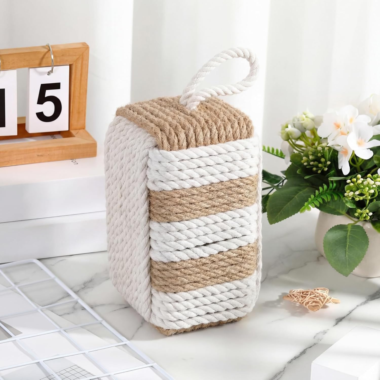 MorningRo Rope Door Stop Decorative Door Stop with Handle 4.72 ''d x 8.66''h 8.8lb Square Heavy Weighted Stoppers for Outdoor Inside Window Home to Keep Open New Home Gift Bookend White and Brown