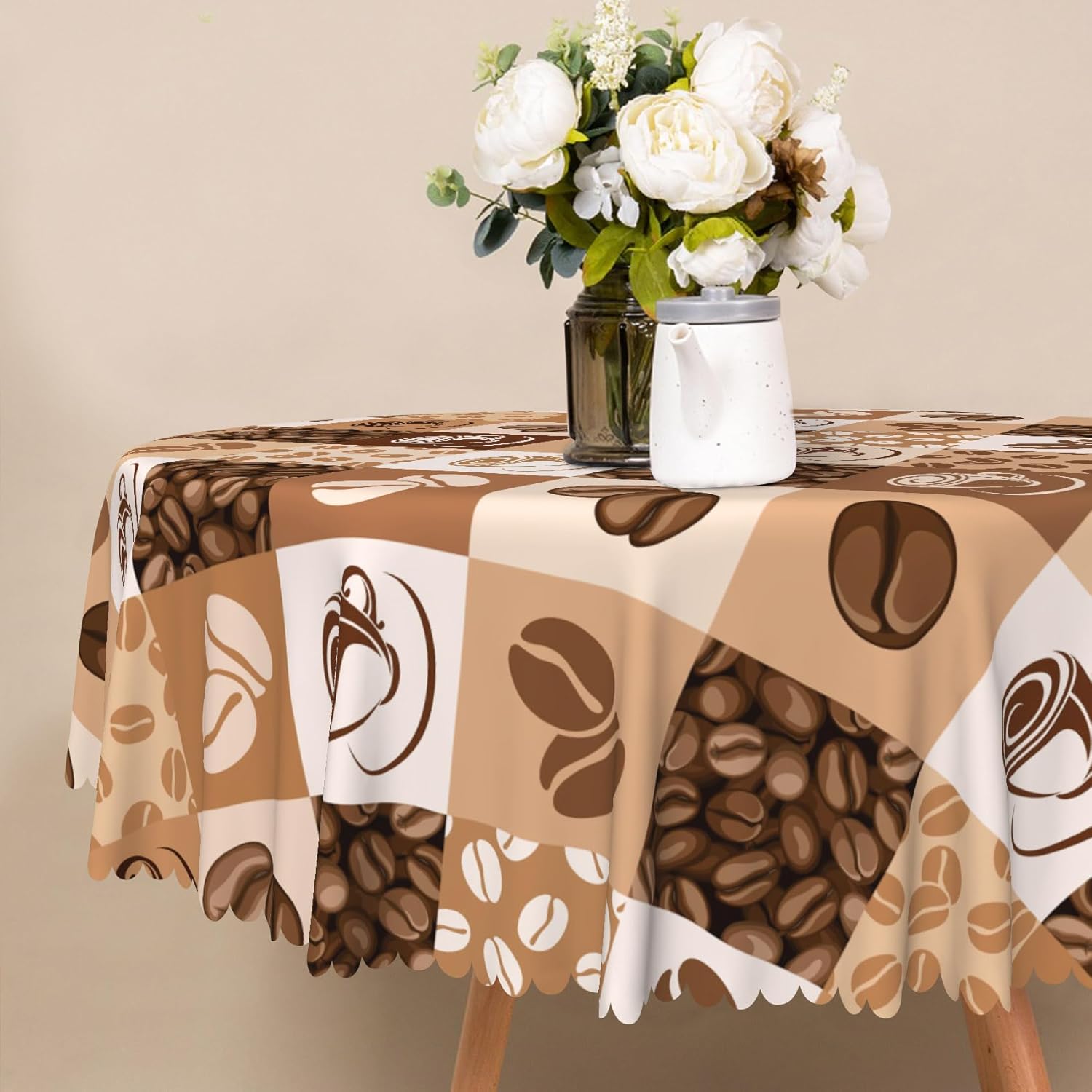 Coffee Themed Round Tablecloth 70 Inch Brown Coffee Beans Cups Print Fabric Table Cloth Polyester Waterproof Anti-Wrinkle Cafe Shop Table Cover for Cafe Farmhouse Dining Party Picnic Decor
