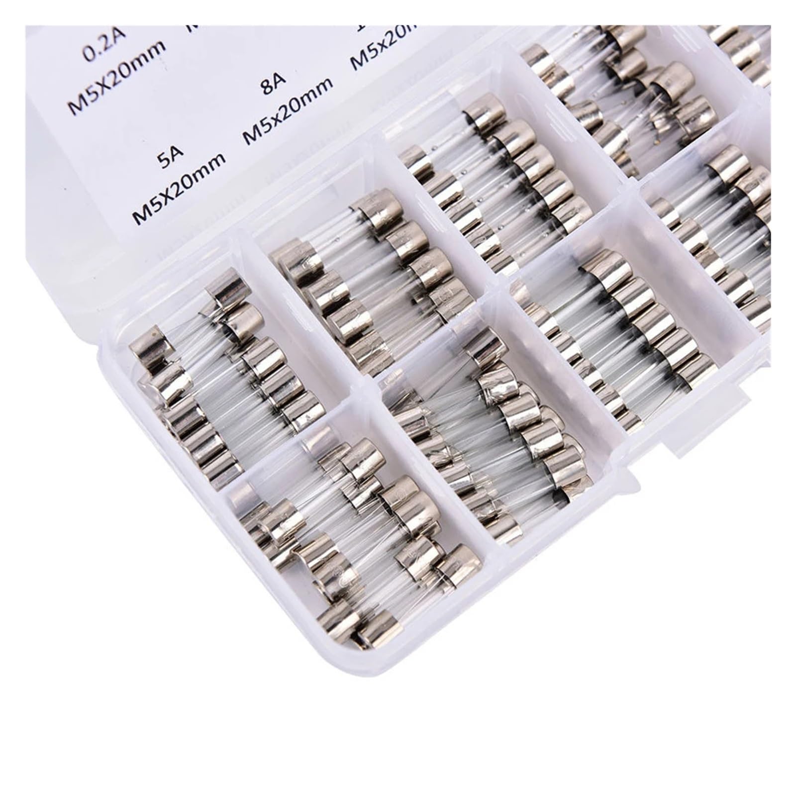 Kit assortito di fusibili a tubo vetro da 100 pezzi, ampere 0,2 A-20 A, a fusione rapida, 250 V, confezione con scatola immagazzinaggio