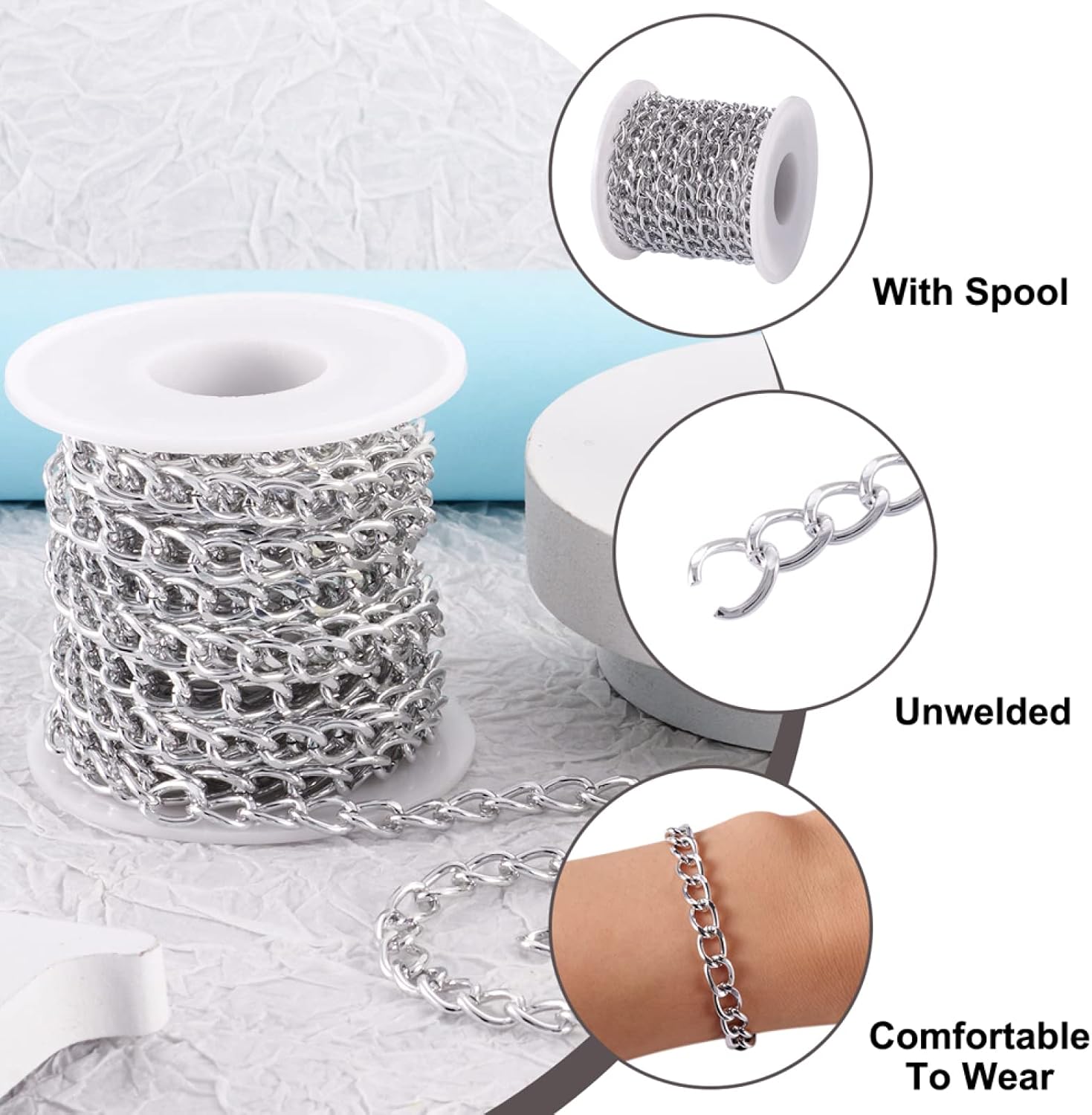 Pandahall 16.4 Feet Aluminium Curb Chains Twisted Links Silver Plated with Spool for Bracelet Necklace Jewelry Making