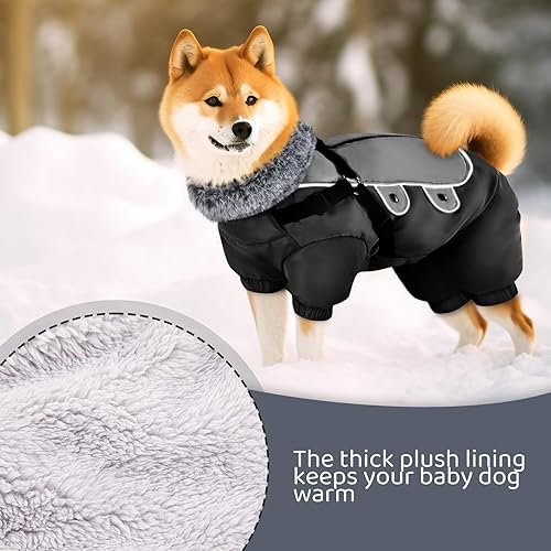 Miniatura 6 de Queenmore Abrigo de invierno para perro, chaqueta resistente al viento con forro polar de 4 patas con arnés, cálido traje de nieve para perro de