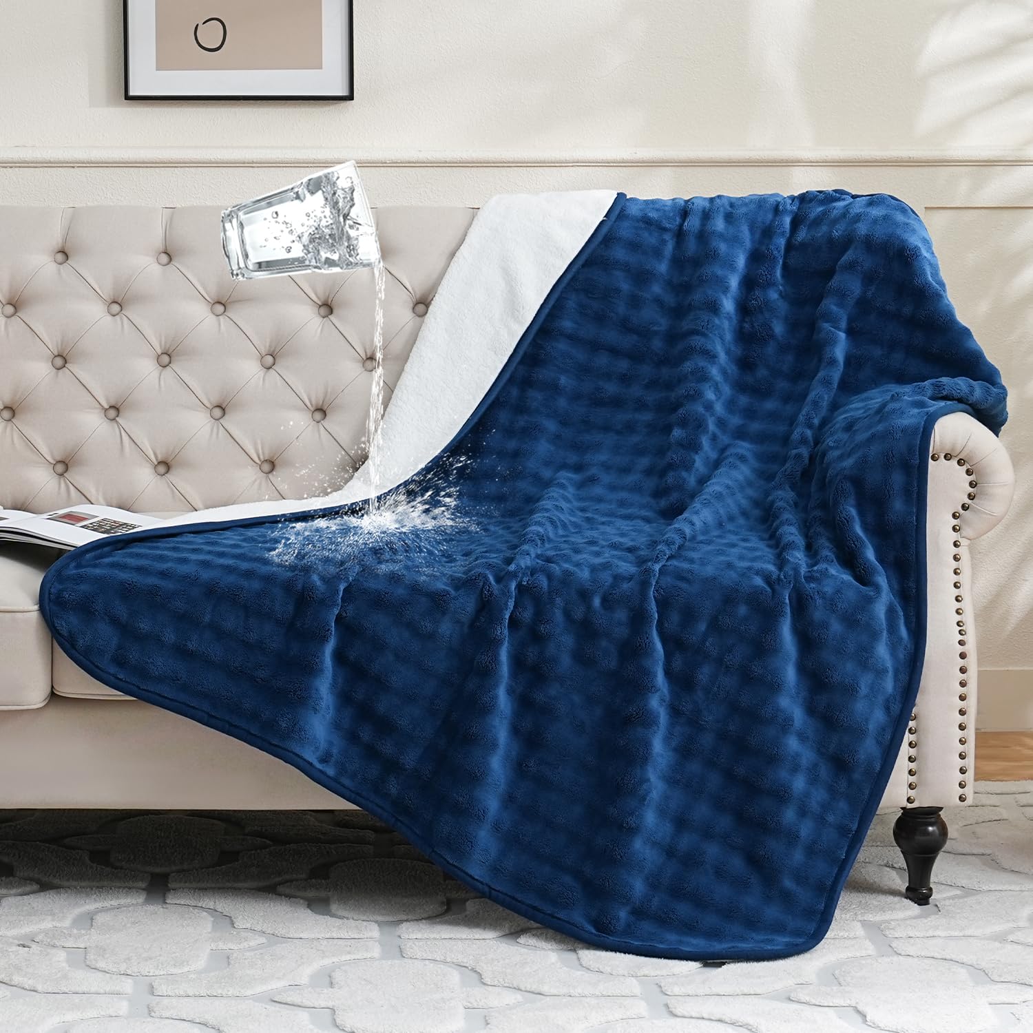 Yaning Waterproof Blanket for Bed Couch Sofa Car, Soft Leakproof Dog Blanket with 3D Bubble Pattern, Reversible Water Proof Pet Blankets for Dogs Cats Puppies (127x152cm, Navy Blue)