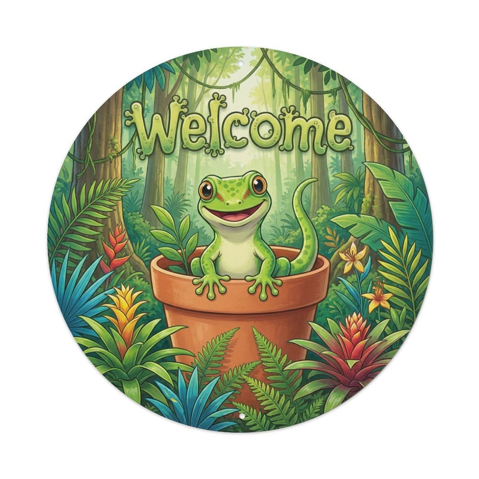 Metal Tin Sign Welcome Gecko Tropical Leaf