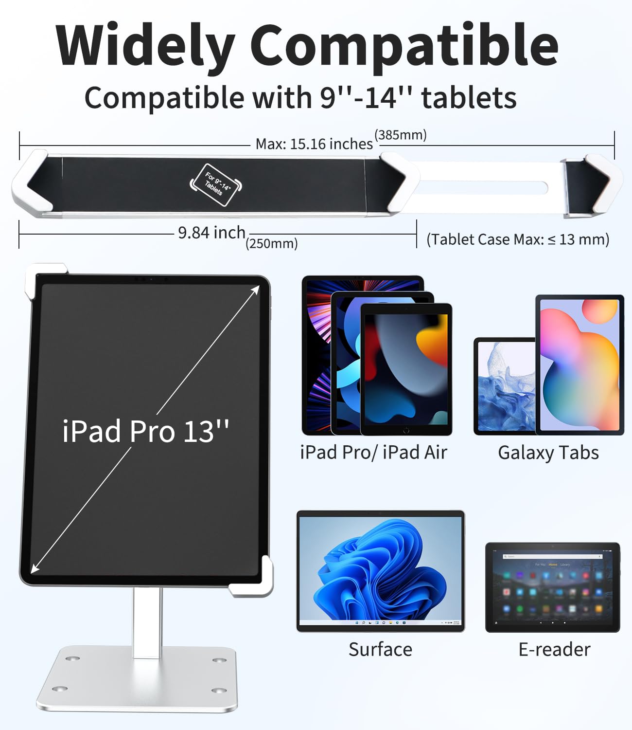 Supporto Antifurto Tablet per 9-14" iPad,【Alluminio Robusto】Supporto Tablet Antifurto da Scrivania/POS/Chiosco/Commerciale, 360° Porta per iPad Pro 12.9 Air, Galaxy Tab A9 S9, 9-14" Tablet