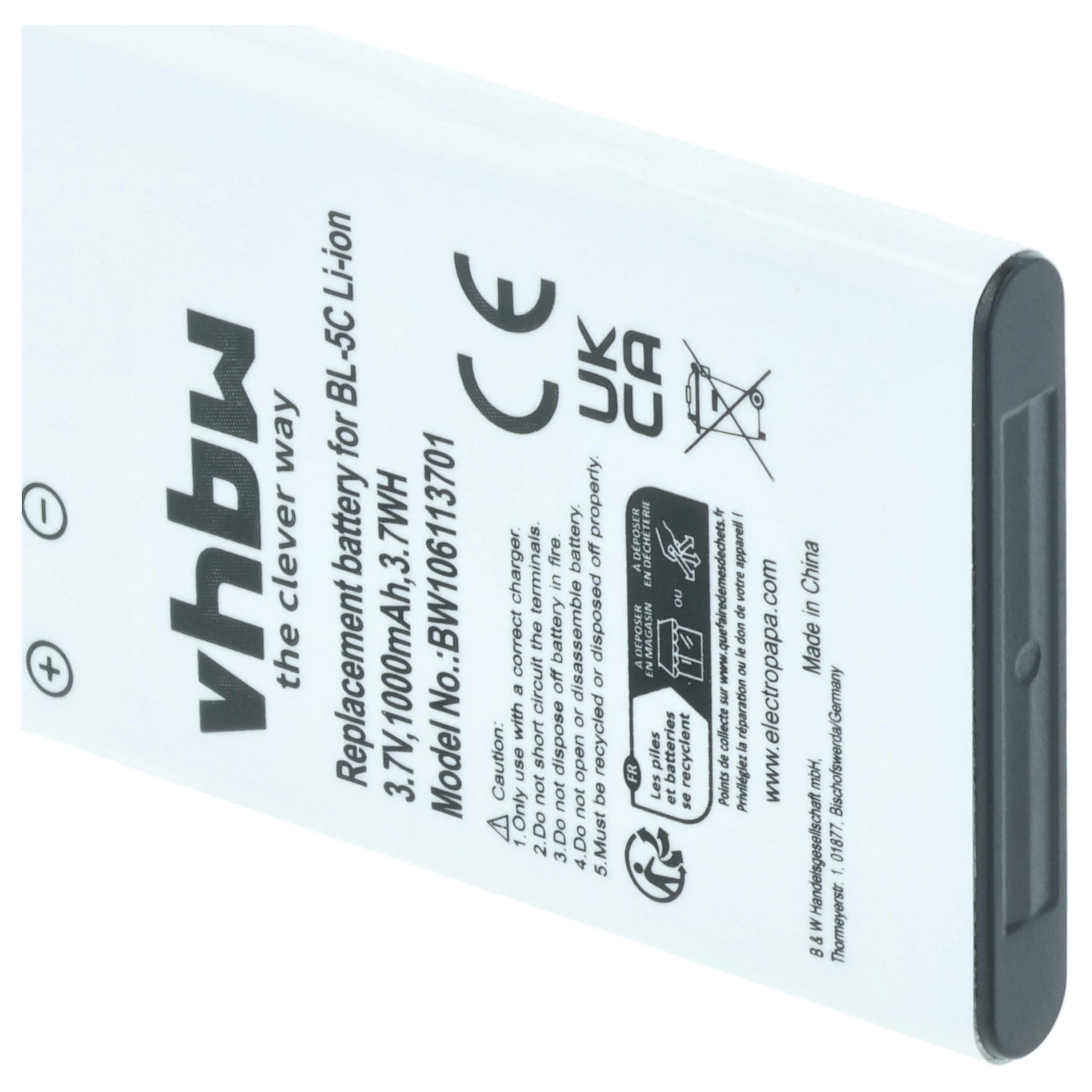 vhbw Akku Ersatz für Nokia 0106G20624418, BL-5C, BL-5CA, BL-5CB, RTX 60020436, 0670397417535 für Handy Smartphone Telefon (1000 mAh, 3,7 V, Li-Ion)