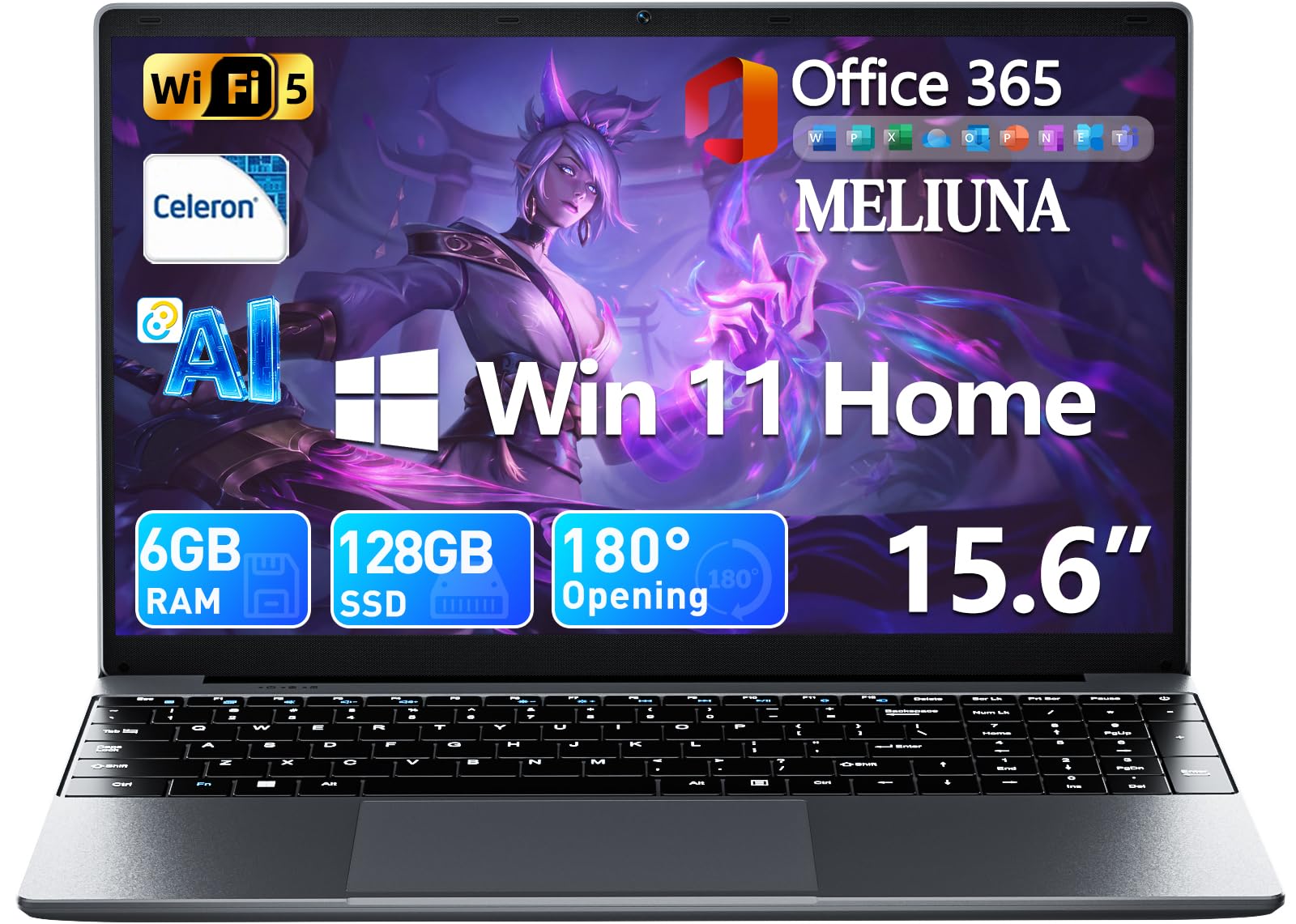 MELIUNA 15.6'' AI Laptop with Office 365, 6GB RAM 128GB SSD | Win 11 Home Laptops Computer, IPS FHD, 180°Viewing, Quad-Core P