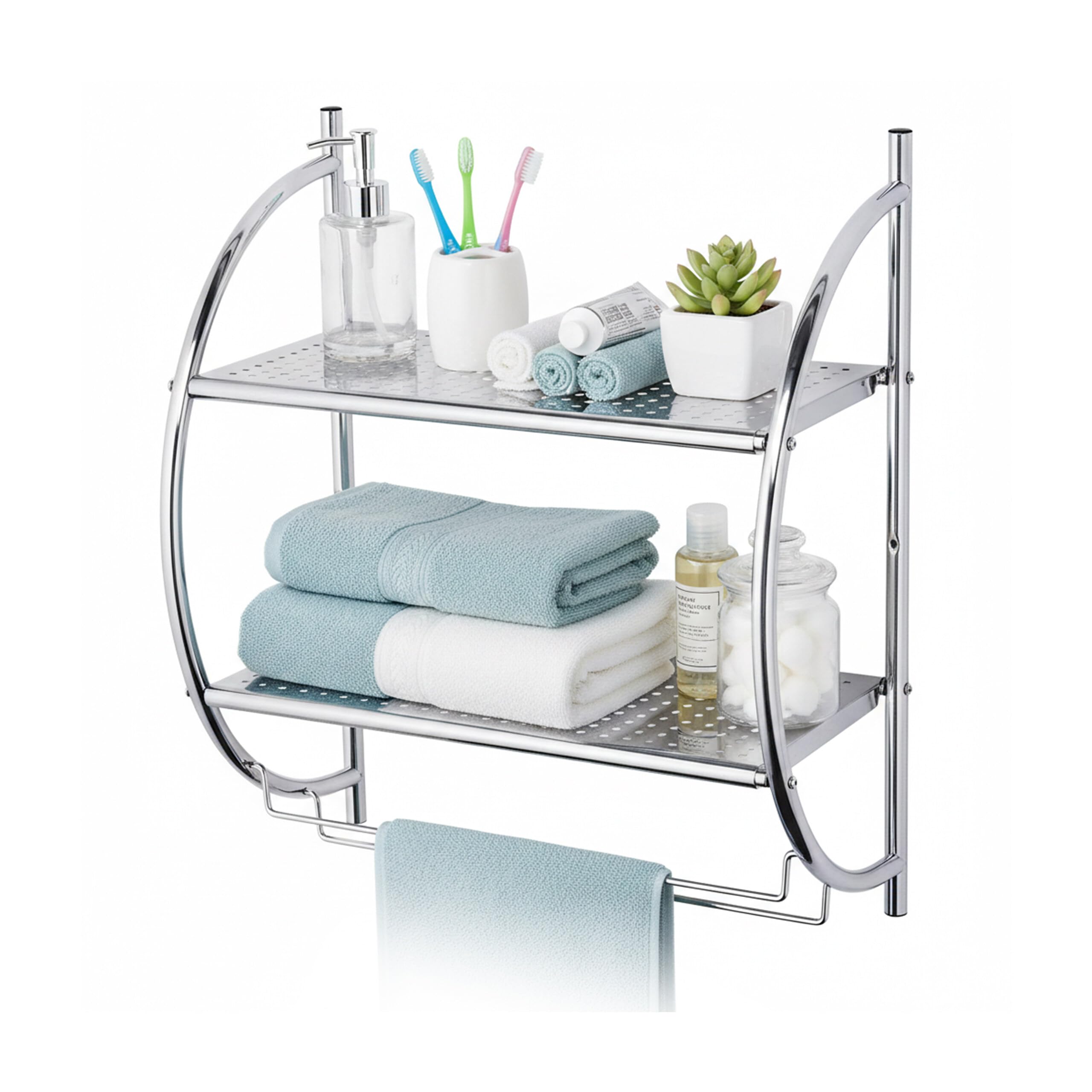 Relaxdays bathroom wall shelf, 2 shelves, 2 towel rails, HxWxD 54.5x44.5x25.5 cm, stainless steel