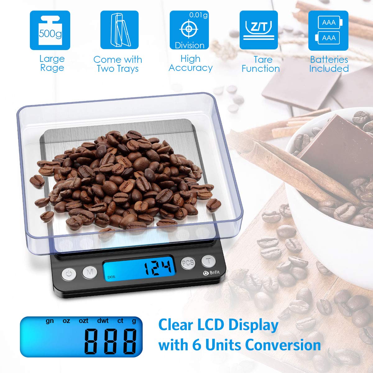 Brifit Bilancia di precisione, 500 g/0,01 g, bilancia da cucina, con funzione tara e conto, schermo LCD retroilluminato, 100 g di peso di calibrazione (acciaio inossidabile, nero)
