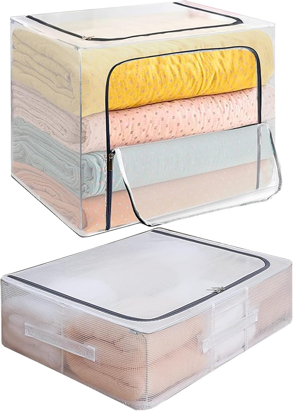 Foldable Storage Bag Clothes Organizer with Under Bed Storage Box for Comforters,[2 Pack] Blankets, Bedding, Foldable with Sturdy Zipper, Clear Window