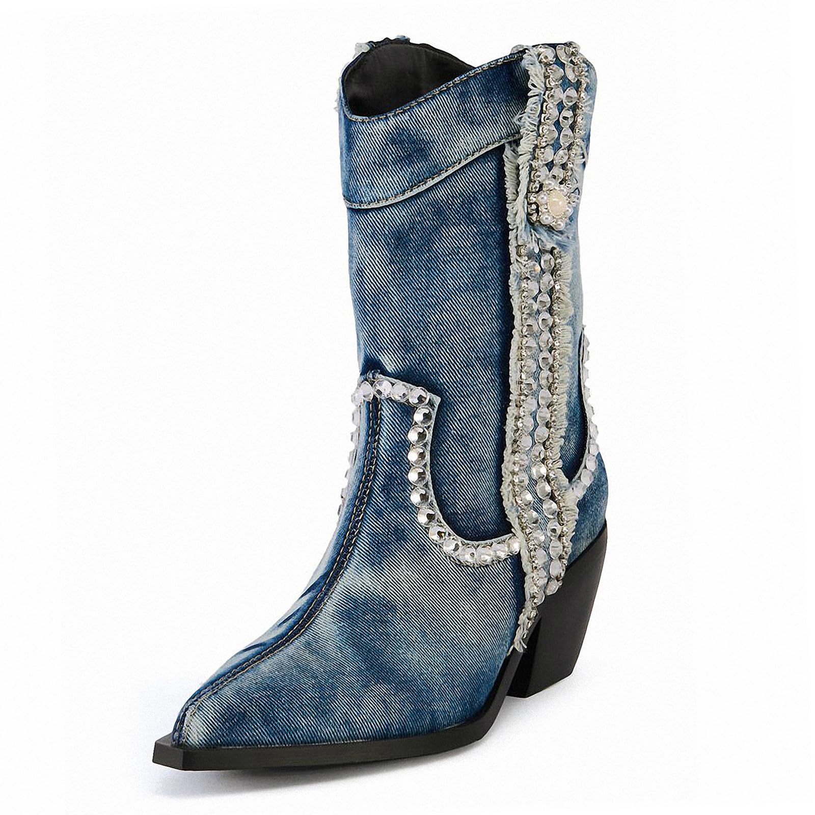 Wide Calf Denim Boots for Women Cowboy Boots Pointed Toe Chunky Block Heel Jeans Ankle Short Boots