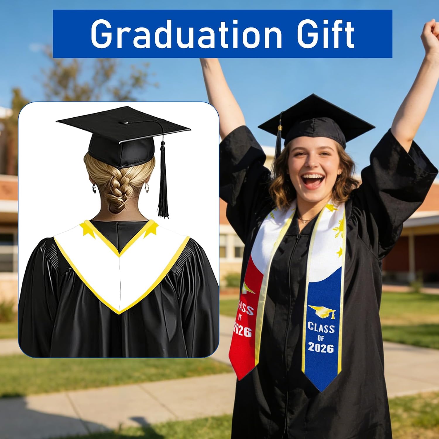 Graduation Stole 70 Inch, Graduation Sash with National Flag for Class of 2026 International Students
