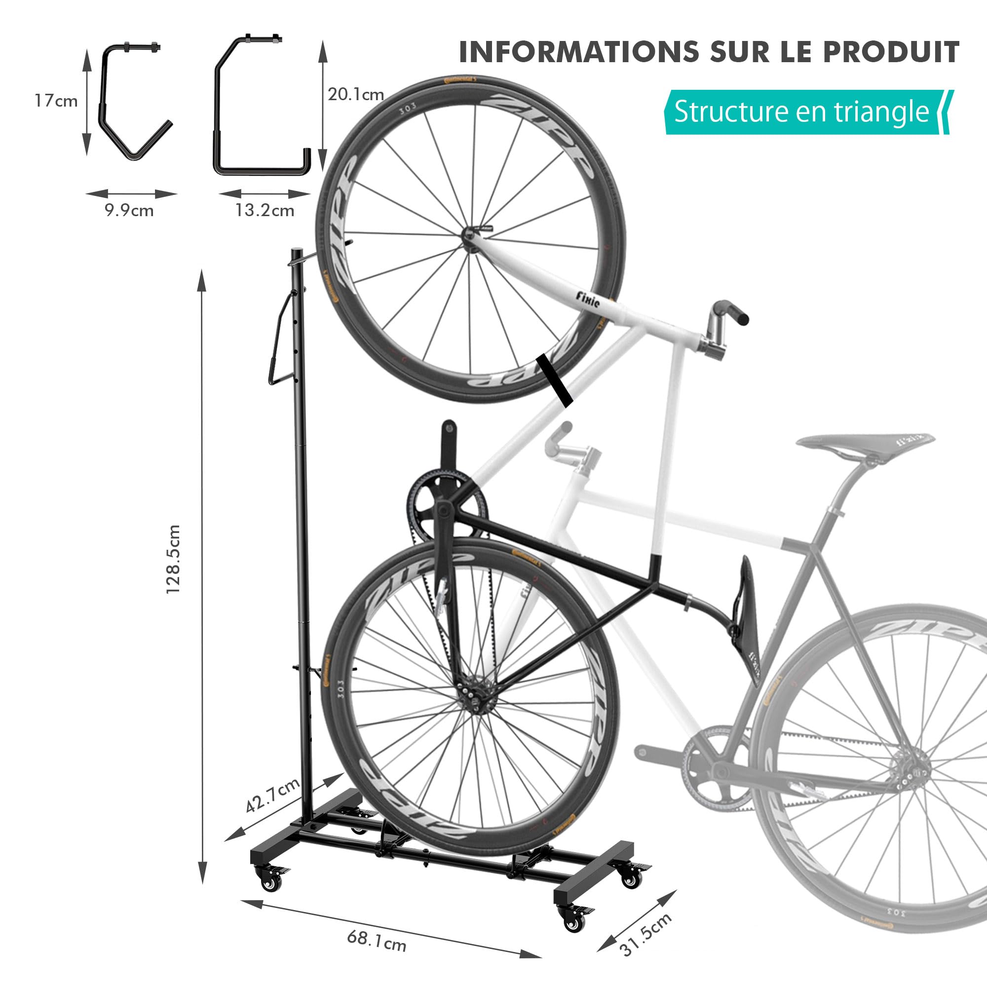 Mimoke Support de vélo avec roulettes - Pour VTT et vélos de route jusqu'à 29 pouces - Hauteur réglable - Peu encombrant - Idéal pour les appartements | Hauteur réglable, rangement vertical peu encombrant pour garage et appartement