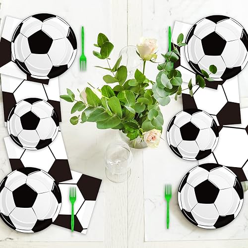 Miniatura 4 de Qyeahkj 50 Guests Soccer Party Plates Napkins Supplies Soccer Birthday Party Decorations Disposable Paper Dinnerware Tableware Set Soccer Ball Party