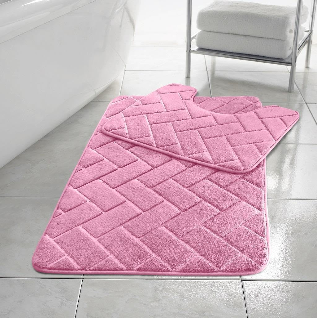 HomeSpace Direct Blocks Non- Slip Memory Foam Bath Mat/Toilet Mat Set Pink