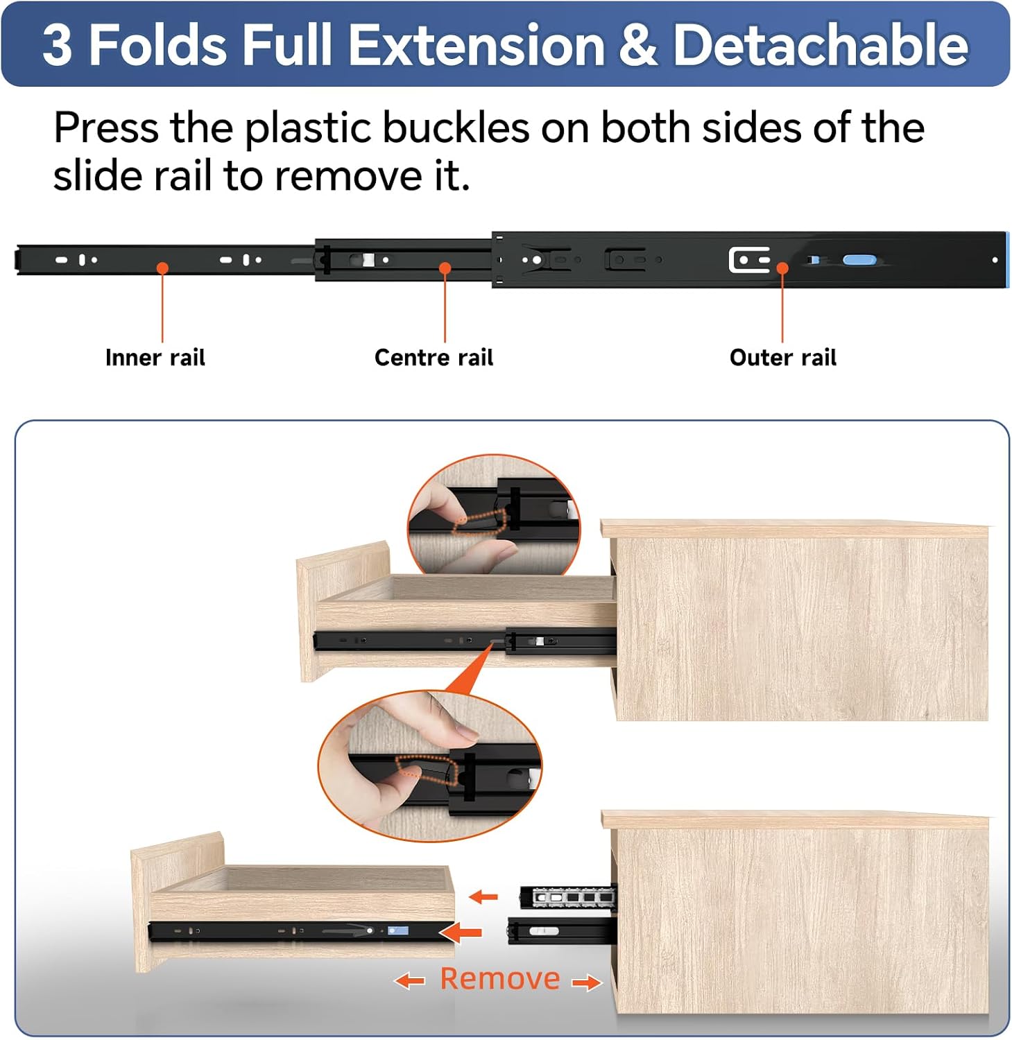 10 Inch Push to Open and Soft Close Drawer Slides,2/3 Full Extension,1 Pair | 100 lb heavy duty for cabinets & dressers, file rails Kitchen ball bearing glides, side mount screws.