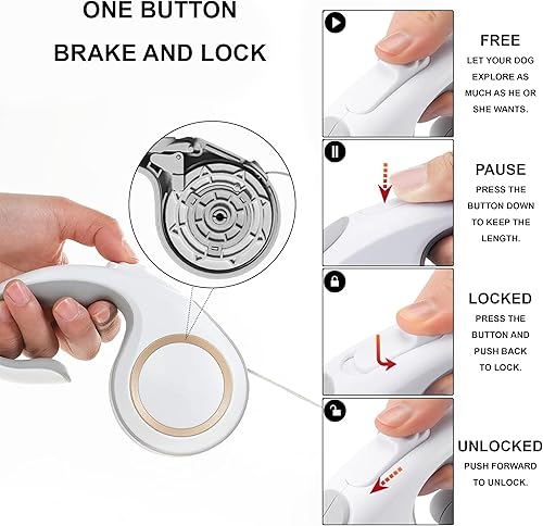 Miniatura 7 de Correa retráctil para perros  Correa resistente para manos libres para perros grandes y medianos, bloqueo con una sola mano, cinta de nailon sin