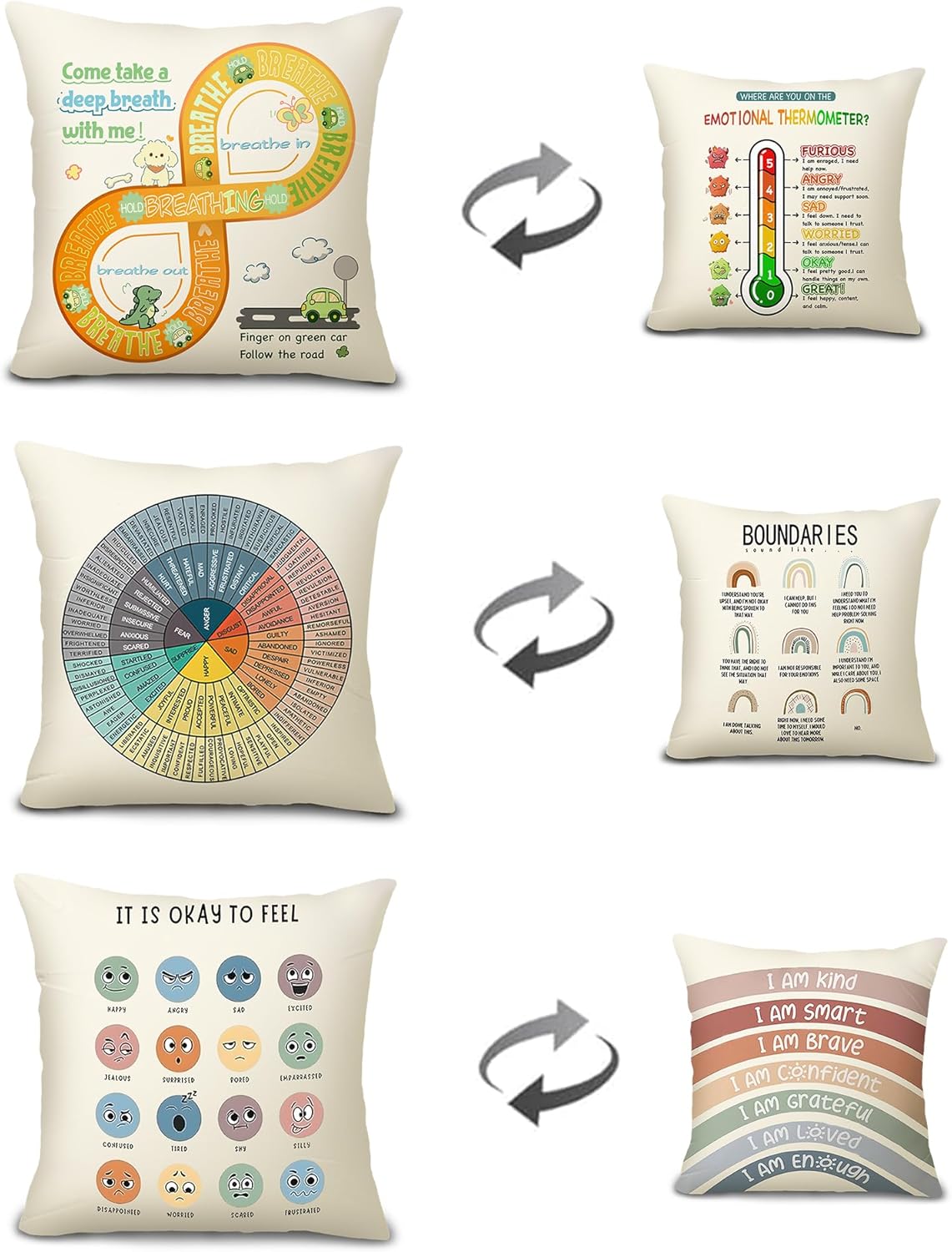 Feelings Wheel Pillow Covers 18x18, Classroom Pillow Covers， Wheel of Emotions Feelings Pillow，Mental Health Office Therapy Office Decor, Classroom Decor (Yellow3)
